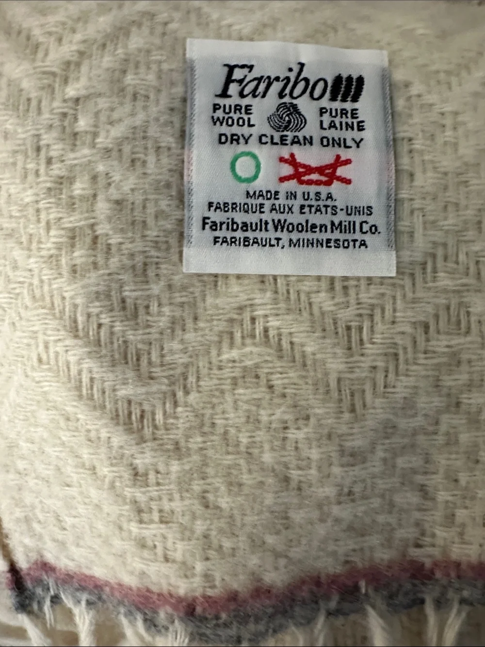 Cream Woven Fringe Throw Blanket with Pink and Gray Accent Stripes